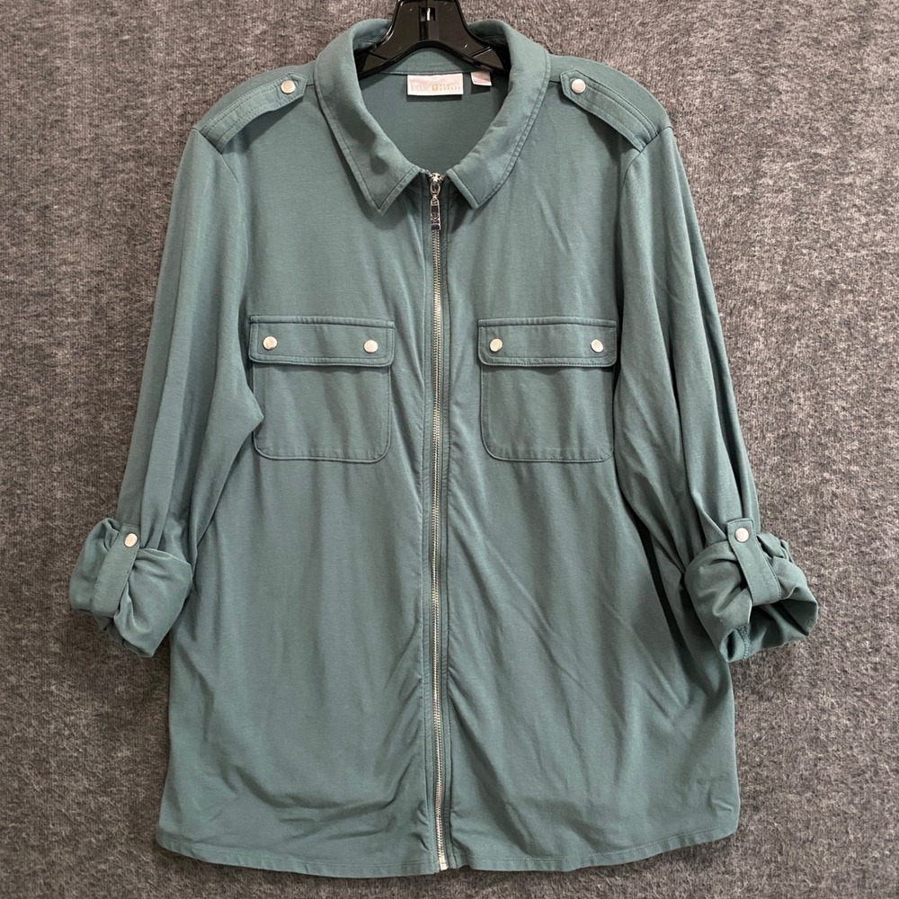 Belle by Kim Gravel TripleLuxe Shirt Womens 1X Green Utility Zip Front Roll Tab